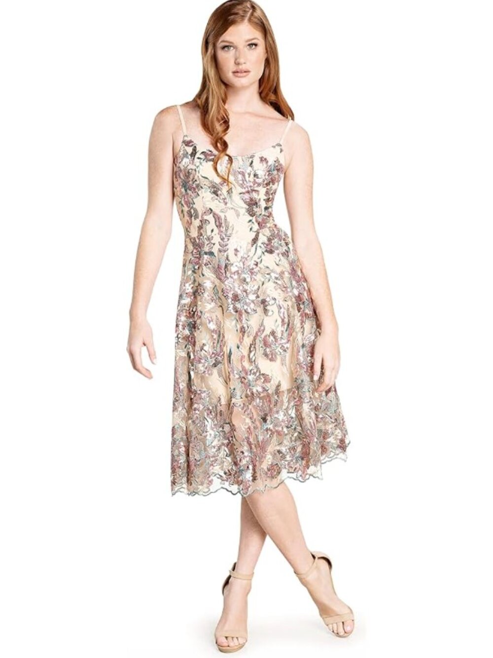 Dress The Population Nude Lavender Multi Teal Embroidered Sequin Uma Midi Dress